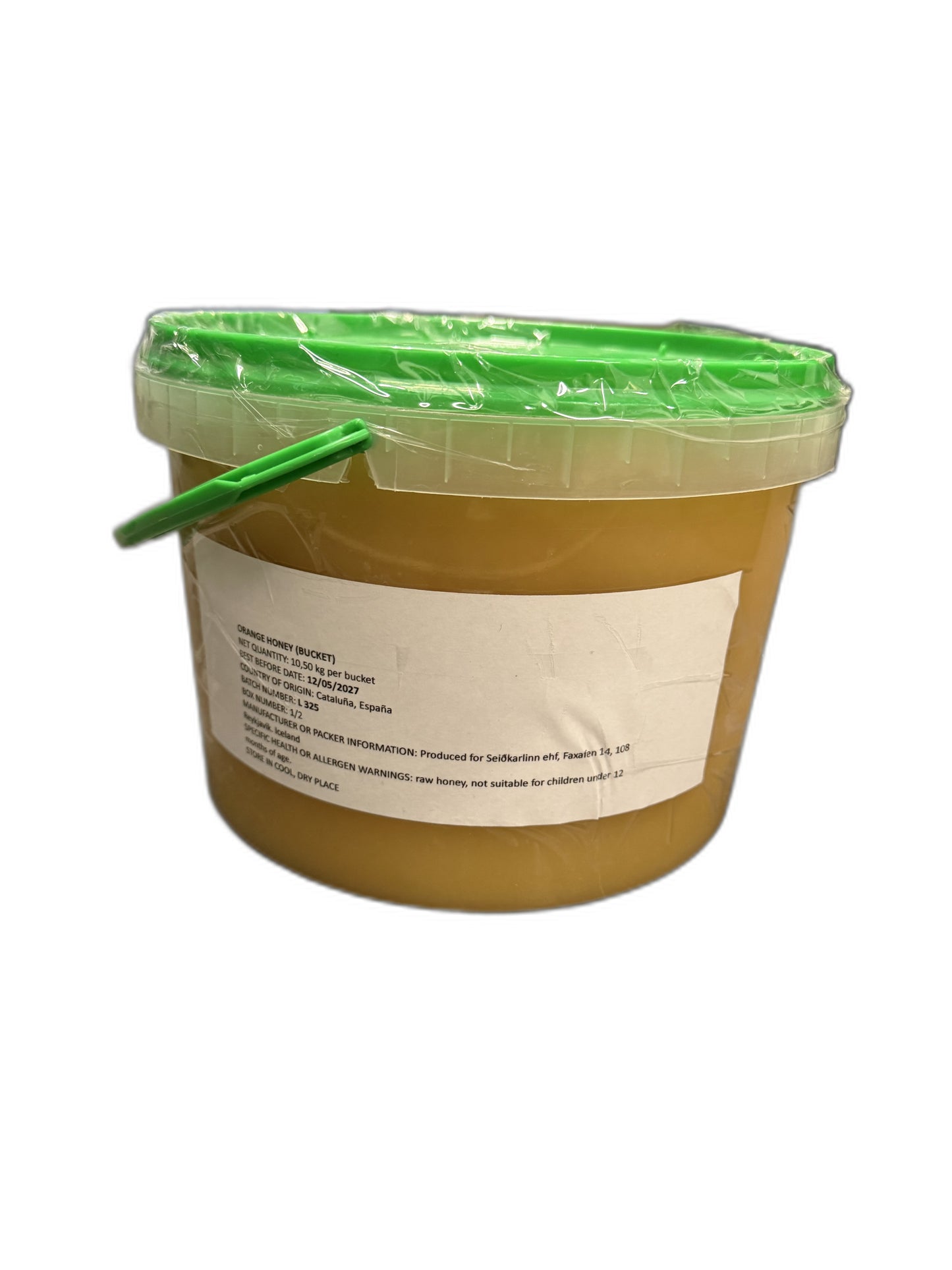 Bucket of runny orange honey, 10 kg, on white background