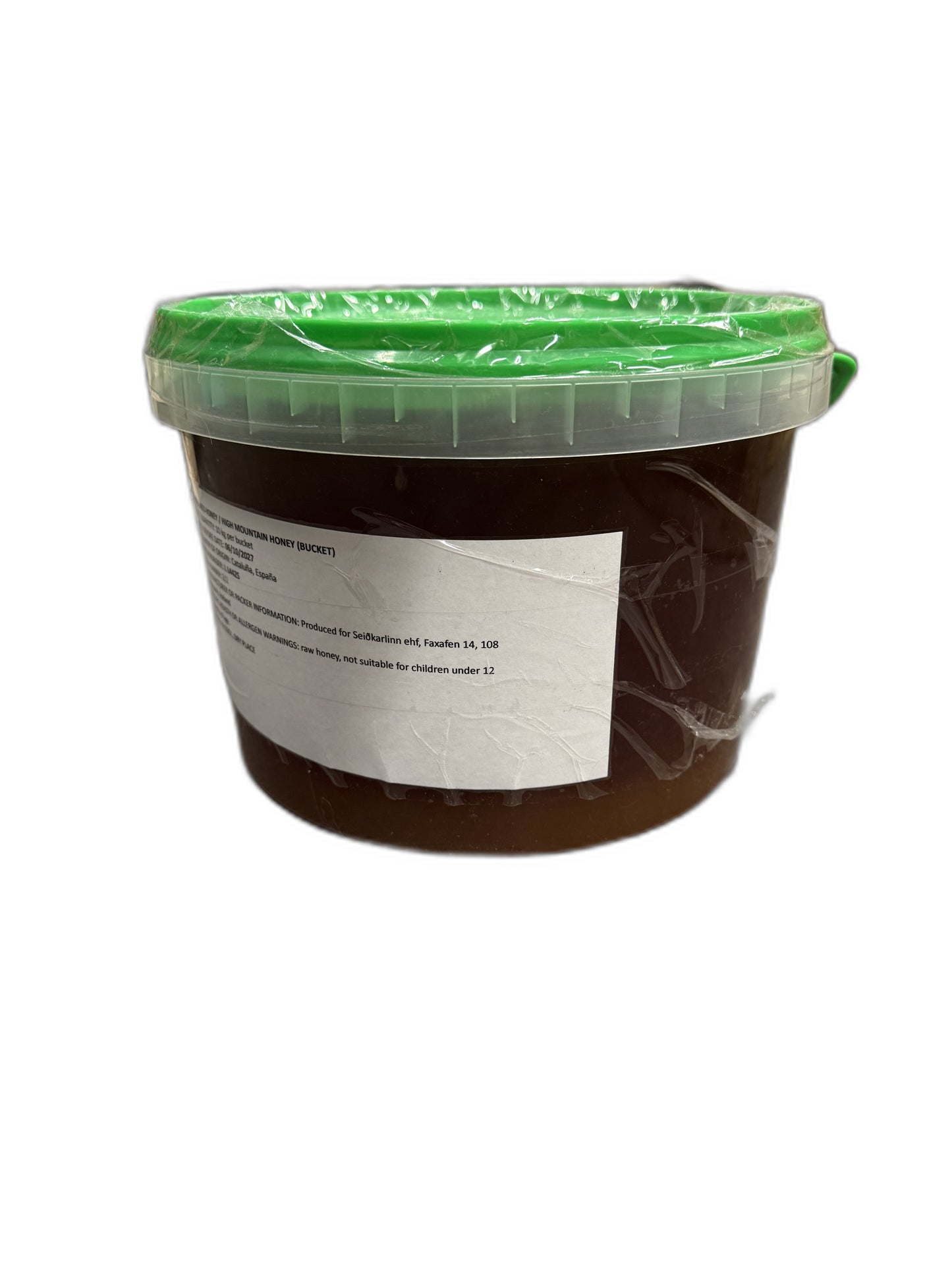 Bucket of runny Pyrenees high mountain honey, 10 kg, on white background
