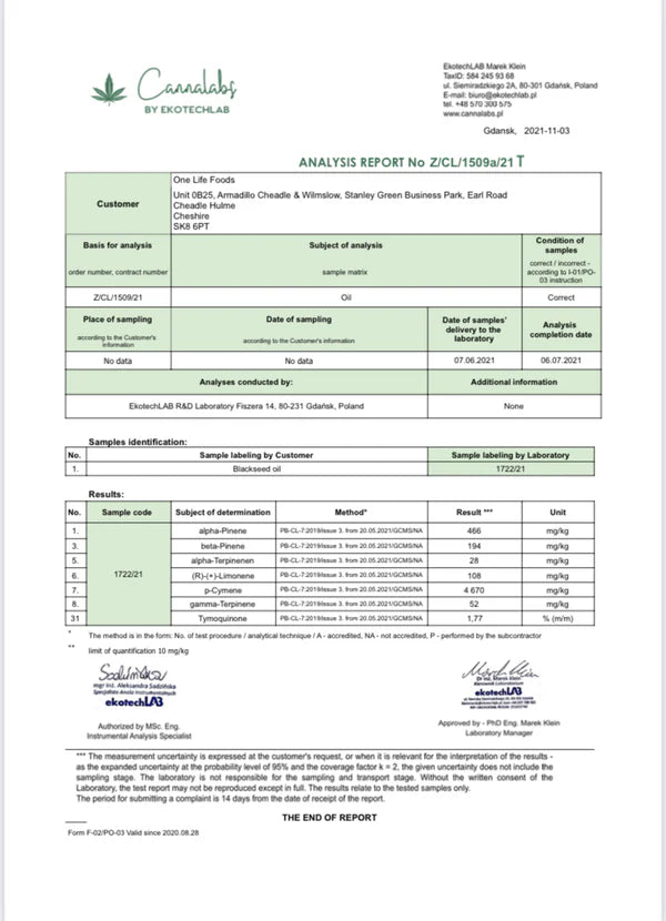 One Life Foods Black Seed Oil Virgin Cold Pressed 100ml